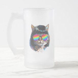 Kat in een Pruik + Zonnebril (Schilderij #5) Matglas Bierpul