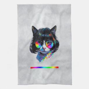 Kat in een Pruik + Zonnebril (Schilderij #6) Theedoek