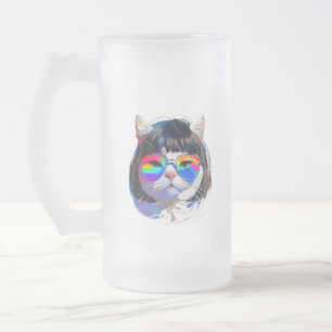 Kat in een Pruik + Zonnebril (Schilderij #7) Matglas Bierpul
