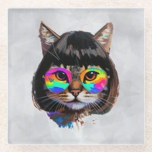Kat in een Pruik + Zonnebril (Schilderij #9) Glazen Onderzetter