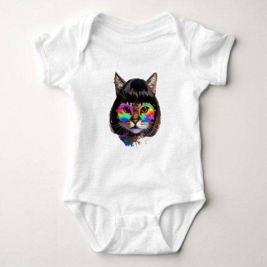 Kat in een Pruik + Zonnebril (Schilderij #9) Romper (Voorkant)
