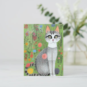 Kat in Flowers Folk Art Card Briefkaart