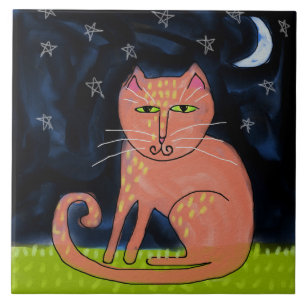 Kat in het Abstracte schilderen van het maanlicht Tegeltje