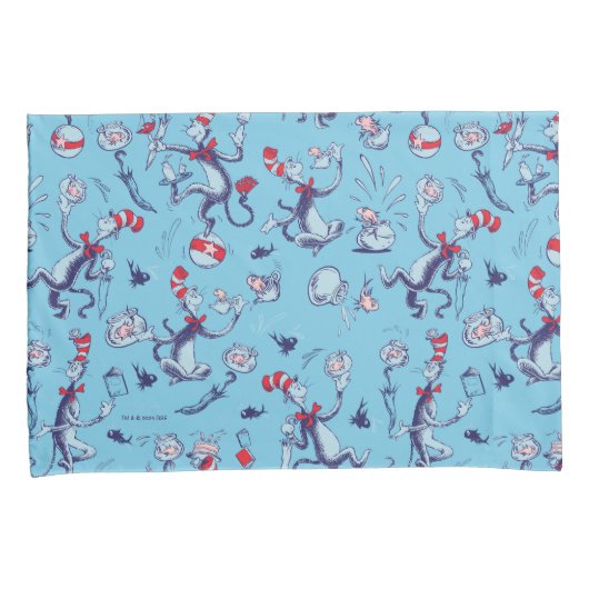 Kat in het Pet | Blauw patroon Kussensloop (Voorkant-Rechts)