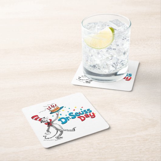 Kat in het Pet | Dr. Seuss Day Vierkante Kartonnen Onderzetter (Insitu)
