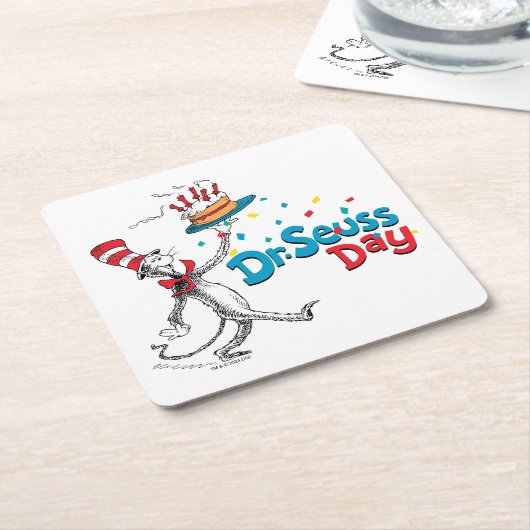 Kat in het Pet | Dr. Seuss Day Vierkante Kartonnen Onderzetter (Schuin)