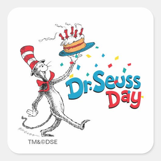 Kat in het Pet | Dr. Seuss Day Vierkante Sticker (Voorkant)