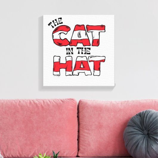 Kat in het Pet | Rood en wit gestreepte tekst Canvas Afdruk (Insitu (Woonkamer))