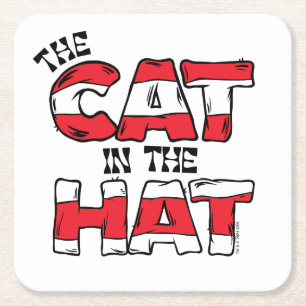 Kat in het Pet   Rood en wit gestreepte tekst Vierkante Kartonnen Onderzetter