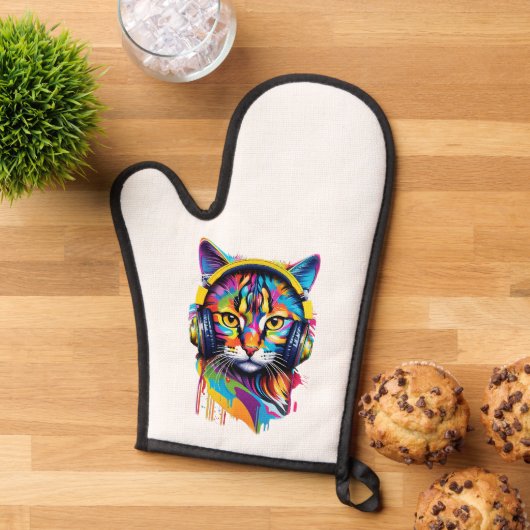 Kat in hoofdtelefoon ovenwant (Top down)