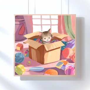 Kat in Kartonnen Doos Kitten Watercolor Kat Poster