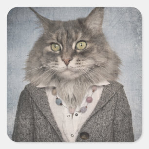 Kat in kleding vierkante sticker