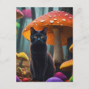 Kat in kleurrijke paddenstoelen briefkaart