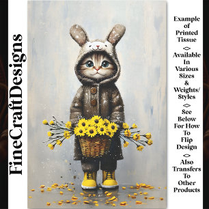 Kat in konijnenjas, mand met bloemen BU4 decoupage Tissuepapier