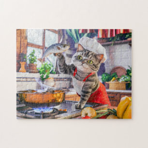Kat in kookmuts die kookt met groenten en vis legpuzzel