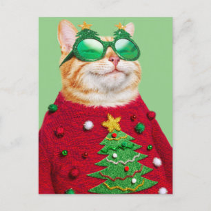 Kat in lelijke kersttrui uitnodiging briefkaart