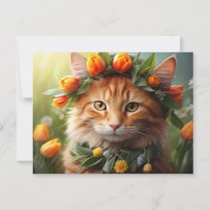 Kat in Oranje bloemen Briefkaart