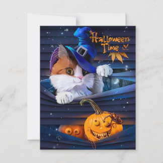 Kat in pet van tovenaar en halloween pompoen notitiekaartje
