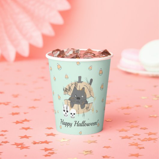 Kat in pompoen Candy Corn Kinder Halloween Papieren Bekers (Insitu)