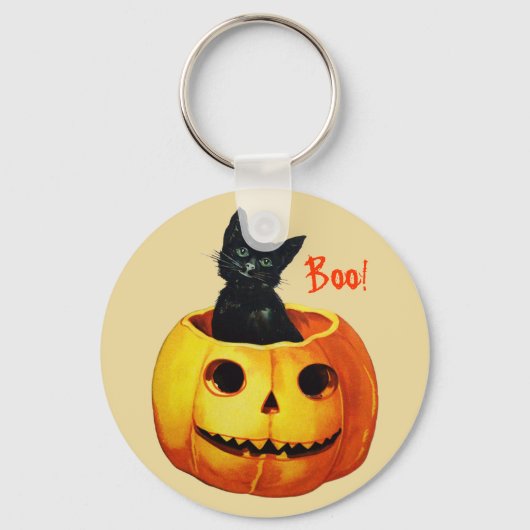 Kat in pompoen vintage Halloween-sleutelhanger Sleutelhanger (Voorkant)