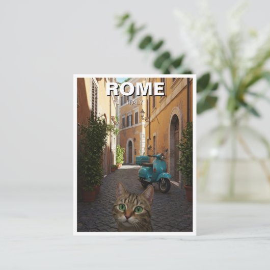 Kat in Rome Cobblestone straat Italië Briefkaart (Staand voorkant)