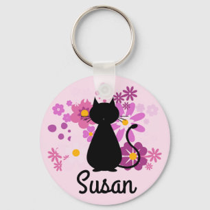 Kat in roze bloemen - sleutelring sleutelhanger