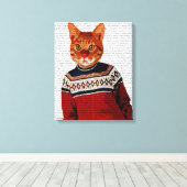 Kat in Ski Sweater Canvas Afdruk (Insitu (Houten vloer))