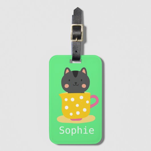 Kat in teacup-cartoon op munt bagagelabel (Voorkant (verticaal))