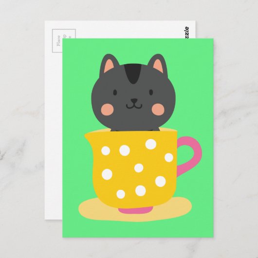Kat in teacup-cartoon op munt briefkaart (Voorkant / Achterkant)