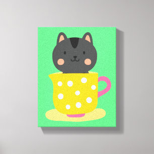 Kat in teacup-cartoon op munt canvas afdruk