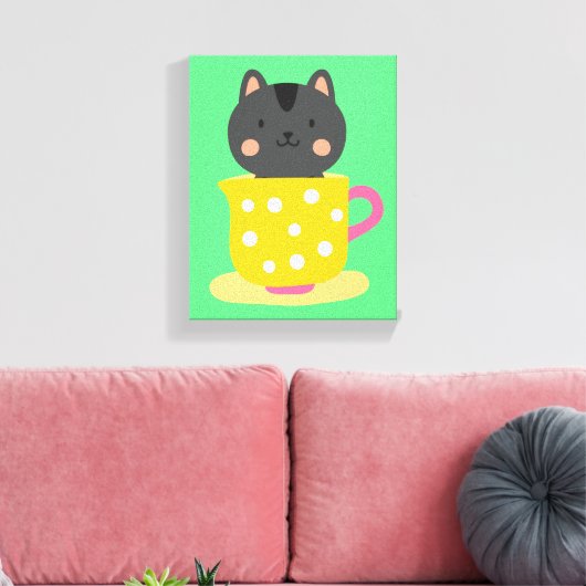 Kat in teacup-cartoon op munt canvas afdruk (Insitu (Woonkamer))