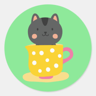 Kat in teacup-cartoon op munt ronde sticker