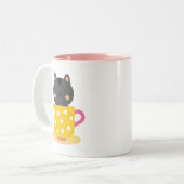 Kat in teacup-cartoon op munt tweekleurige koffiemok (Voorkant links)