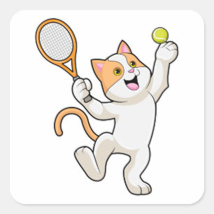 Kat in Tennis met Tennis racket Vierkante Sticker