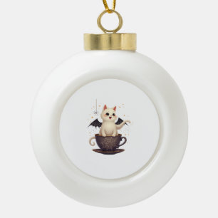 Kat in Theekopje met Spoken Keramische Bal Ornament