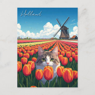 Kat in Tulpenvelden Holland Nederland Briefkaart