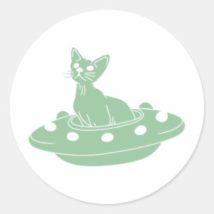 Kat in Ufo - Kies achtergrondkleur Ronde Sticker