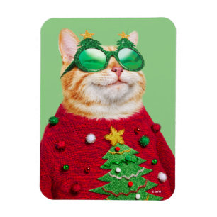 Kat in Ugly kerstSweater Magneet