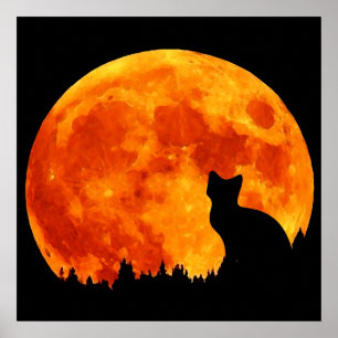 Kat in volledig oranje maan poster