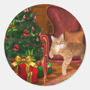 Kat kerst ronde sticker