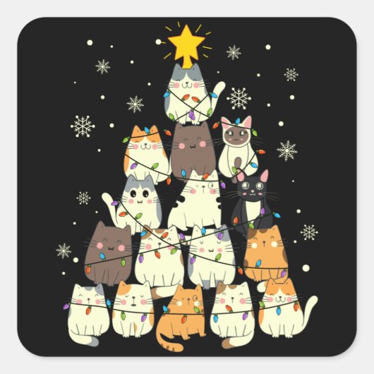 Kat kerstboomgeschenk, katten overkleuring vierkante sticker (Voorkant)