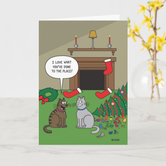 Kat kerstdecor kaart (Gele Bloem)