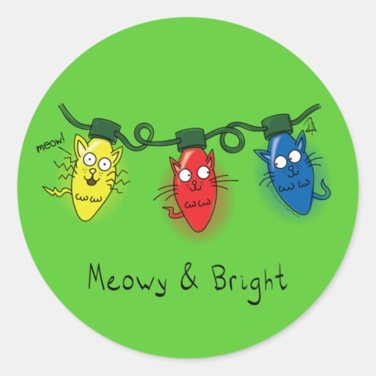 Kat-kerstlampjes Funny Meowy en Bright Ronde Sticker (Voorkant)