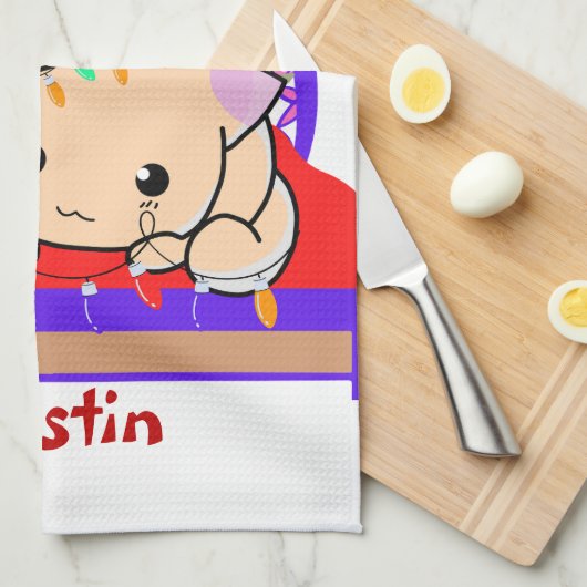 Kat kerstmis op bed, gepersonaliseerde naam theedoek (Quarter Fold)