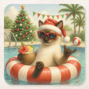 Kat Kerstmis Zomer Juli Pool Party Vierkante Kartonnen Onderzetter