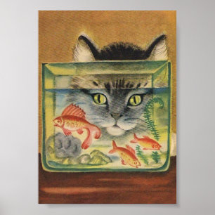 Kat kijkt naar vis Vintage dierposter Poster