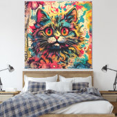 kat kunst, Louis Wain stijl, mooie Pop Canvas Afdruk (Insitu (Slaapkamer))