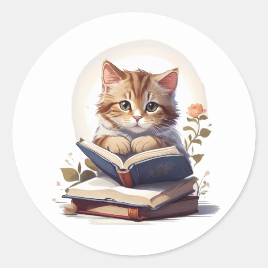Kat lezen boek ronde sticker (Voorkant)