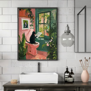 Kat lezen krant - Cool badkamer Poster