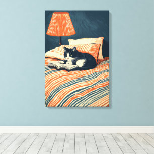 kat lezend in bed canvas afdruk